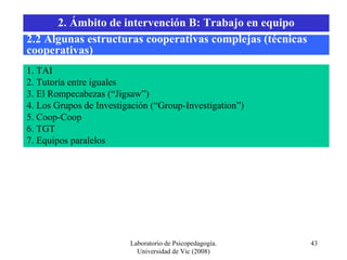 Laboratorio de Psicopedagogía. Universidad de Vic (2008) 1. TAI 2. Tutoría entre iguales 3. El Rompecabezas (“Jigsaw”) 4. Los Grupos de Investigación (“Group-Investigation”) 5. Coop-Coop 6. TGT 7. Equipos paralelos 2.2 Algunas estructuras cooperativas complejas (técnicas cooperativas) 2. Ámbito de intervención B: Trabajo en equipo 