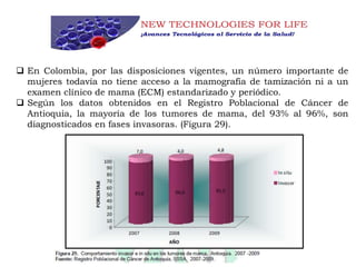  En Colombia, por las disposiciones vigentes, un número importante de
mujeres todavía no tiene acceso a la mamografía de tamización ni a un
examen clínico de mama (ECM) estandarizado y periódico.
 Según los datos obtenidos en el Registro Poblacional de Cáncer de
Antioquia, la mayoría de los tumores de mama, del 93% al 96%, son
diagnosticados en fases invasoras. (Figura 29).
 