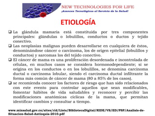  La glándula mamaria está constituida por tres componentes
principales: glándulas o lobulillos, conductos o ductos y tejido
conectivo.
 Las neoplasias malignas pueden desarrollarse en cualquiera de éstos,
denominándose cáncer o carcinoma, los de origen epitelial (lobulillos y
conductos) y sarcomas los del tejido conectivo.
 El cáncer de mama es una proliferación desordenada e incontrolada de
células, en muchos casos se considera hormonodependiente; si se
origina en los conductos o en los lobulillos, se denomina carcinoma
ductal o carcinoma lobular, siendo el carcinoma ductal infiltrante la
forma más común de cáncer de mama (80 a 85% de los casos).
 se recomienda conocer los factores de riesgo que han sido relacionados
con este evento para controlar aquellos que sean modificables,
fomentar hábitos de vida saludables y reconocer y percibir las
modificaciones anatómicas cíclicas de la mama, que permitan
identificar cambios y consultar a tiempo.
www.minsalud.gov.co/sites/rid/Lists/BibliotecaDigital/RIDE/VS/ED/PSP/Analisis-de-
Situacion-Salud-Antioquia-2010.pdf
ETIOLOGÍA
 