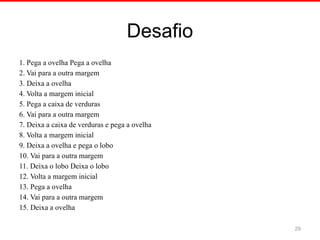 Desafio
1. Pega a ovelha Pega a ovelha
2. Vai para a outra margem
3. Deixa a ovelha
4. Volta a margem inicial
5. Pega a caixa de verduras
6. Vai para a outra margem
7. Deixa a caixa de verduras e pega a ovelha
8. Volta a margem inicial
9. Deixa a ovelha e pega o lobo
10. Vai para a outra margem
11. Deixa o lobo Deixa o lobo
12. Volta a margem inicial
13. Pega a ovelha
14. Vai para a outra margem
15. Deixa a ovelha
29
 