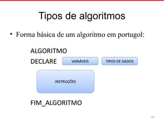 Tipos de algoritmos
• Forma básica de um algoritmo em portugol:
49
 