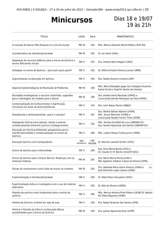XVII ENEQ | X EDUQUI – 17 a 20 de julho de 2012 – Salvador/BA - www.eneq2012.qui.ufba.br | 20



                                     Minicursos                                                   Dias 18 e 19/07
                                                                                                       19 às 21h
                           TÍTULO                              LOCAL        SALA                     MINISTRANTE(S)


A inserção do Educar Pela Pesquisa no currículo escolar        PAF III       104   MSc. Marcus Eduardo Maciel Ribeiro (PUC-RS)


A problemática da interdisciplinaridade                        PAF III       204   Dr. Ivo Tonet (UFAL)


Adaptação de recursos didáticos para o ensino de Química a
                                                                PAF V        103   Dra. Anelise Maria Regiani (UFAC)
alunos deficientes visuais


Analogias no ensino de Química – para quê e para quem?          PAF V        202   Dr. Wilmo Ernesto Francisco Junior (UNIR)


Argumentação na educação em química                             PAF V        304   Dra. Salete Queiroz Linhares (USP)


                                                                                   MSc. Mara Elisângela Jappe Goi (Colégios Vicentino
Aspectos Epistemológicos da Resolução de Problemas             PAF III       109
                                                                                   Santa Cecília e Espírito Santos de Canoas)

Atividades Investigativas e recursos multimídia: sugestões                         Dra. Andrea Horta Machado (UFMG) e
                                                               PAF III       108
para a abordagem de modelos para o átomo                                           Licencianda Glenda Rodrigues da Silva (UFMG)

Contextualização de Conhecimentos e Significação
                                                                PAF V        316   Dra. Lenir Basso Zanon (UNIJUÍ)
Conceitual em Aulas de Química/Ciências

                                                                                   Dra. Martha Bohrer Adaime (UFSM),
Desodorante e antitranspirantes: qual é a solução?              PAF V        307   MSc. Sinara München (UFSM) e
                                                                                   Licencianda Roselei Franck Thies (UFSM)

Dialogando Ciência entre sabores, odores e aromas:                                 MSc. Anelise Grünfeld de Luca (UNIDAVI-SC)
                                                                PAF V        104
contextualizando alimentos química e biologicamente                                Esp. Sandra Aparecida dos Santos (UNIDAVI-SC)
Educação em Química Ambiental: perspectivas para a
interdisciplinaridade e contextualização no ensino de           PAF V        308   MSc. Lailton Passos Cortes Junior (UFBA)
Química

                                                                INST.        LAB.
Educação Química com Computadores                                                  Dr. Marcelo Leandro Eichler (UFSC)
                                                              MATEMÁTICA   INFORM.

                                                                                   Dra. Anna Maria Benite (UFG) e
Ensino de Química para a Diversidade                            PAF V        208
                                                                                   Dr. Claudio R. M. Benite (UnUCET/UEG).

Ensino de Química para o Ensino Técnico: Mudanças com os                           Dra. Maria Marcia Murta (UnB) e
                                                               PAF III       205
Institutos Federais                                                                MSc Aglaílson Glêdson Cabral de Oliveira (IFPB).

                                                                                   Dra. Adelaide Maria Vieira Viveiros (UFBA) e       Lic.
Estudo de combustíveis numa visão de ensino no contexto        PAF III       203
                                                                                   José Petronílio Lopes Cedraz (UFBA)


Experimentação e Interdisciplinaridade                          PAF V        209   Dr. Fábio Peres Gonçalves (UFSC)


Experimentação lúdica e investigativa com o uso de material
                                                                PAF V        303   Dr. Nóe de Oliveira (UEMS)
alternativo

Filosofia da química como fundamento para o ensino da                              MSc. Marcos Antonio Pinto Ribeiro (UESB) Dr. Nelson
                                                                PAF V        206
química                                                                            Rui Ribas Bejarano (UFBA)


História da Química no Brasil em sala de aula                   PAF V        109   Dra. Nadja Paraense dos Santos (UFRJ)


História e Filosofia da Ciência na Educação Básica:
                                                               PAF III       109   Dra. Joanez Aparecida Aires (UFPR)
possibilidades para o Ensino de Química
 