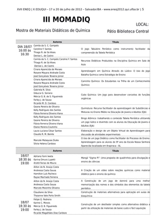 XVII ENEQ | X EDUQUI – 17 a 20 de julho de 2012 – Salvador/BA - www.eneq2012.qui.ufba.br | 5



                     III MOMADIQ
                                                                                                                 LOCAL:
Mostra de Materiais Didáticos de Química                                           Pátio Biblioteca Central

                                 Autores                                                Título
            Camila da S. C. Campelo
DIA 18/07
            Caroline F. Santos                           O Jogo Tabuleiro Periódico como instrumento facilitador da
16:00 às    Thiago R. de Sá Alves                        compreensão da Tabela Periódica
  16:30     Denise L. de Castro
            Camila da S. C. Campelo Caroline F. Santos
                                                         Recursos Didáticos Produzidos na Disciplina Química em Sala de
            Thiago R. de Sá Alves
                                                         Aula
            Denise L. de Castro
            Cinara Aparecida de Moraes
                                                         Aprendizagem em Química Através do Lúdico: O Uso do Jogo
            Rosane Mayara Andrade Costa
                                                         Batalha Química como Estratégia de Ensino
            José Gonçalves Teixeira Júnior
            Cinara Aparecida de Moraes
                                                         Caminho Químico: Os Estudantes na Trilha de um Conhecimento
            Rosane Mayara Andrade Costa
                                                         Químico
            José Gonçalves Teixeira Júnior
            Gabriela N. Silva
            Gláucia G. Soriano
                                                         Cubo Químico: Um Jogo para desenvolver conceitos de funções
            Mércia O. B. de S. Figueiredo
                                                         orgânicas
            Farley J. de Sousa
            Ricardo M. D. Cardoso
            Geane Pereira de Oliveira
                                                         Quimistura: Recurso facilitador da aprendizagem de Substâncias e
            Kelly Rodrigues dos Santos
                                                         Misturas no Ensino Médio na Educação de Jovens e Adultos (EJA)
            Flávia Ferreira Oliveira Viana
            Kelly Rodrigues dos Santos
                                                         Bingo Atômico: trabalhando o conteúdo Tabela Periódica utilizando
            Geane Pereira de Oliveira
                                                         um jogo lúdico e divertido com os alunos da Educação de Jovens e
            Flávia Ferreira Oliveira Viana
                                                         Adultos (EJA)
            Elaine Pereira Coutinho
            Laura Luciana César Santos                   Elaboração e design de um Objeto Virtual de Aprendizagem para
            Claudio R. M. Benite                         discussão de atividades experimentais
                                                         O Uso de um Jogo Didático como Facilitador do Processo de Ensino-
            Marcele Malaquias Dules
                                                         Aprendizagem para os alunos do 9º ano da Escola Nossa Senhora
            Silvia Helena Cardoso
                                                         Aparecida localizada em Arapiraca - AL

                                 Autores                                                Título

  18/07     Adriana Yumi Iwata
                                                         Mangá “Sigma Pi”: Uma proposta de quadrinhos para divulgação e
 18:30 às   Karina Omuro Lupetti
                                                         ensino de ciências
  19:00     André Farias de Moura
            Ailton do N. Araújo Costa
            Andressa Costa Sousa                         A Criação de um vídeo sobre reações químicas como material
            Hamilton Luís Pacheco                        didático para o ensino da química
            Rayse Machado Ferreira
            Ailton do N. Araújo Costa                    A Construção de um jogo de dominó para uma melhor
            Andressa Costa Sousa                         memorização dos nomes e dos símbolos dos elementos da tabela
            Marcelo Moizinho Oliveira                    periódica
            Claudiane da Silva                           Construção de materiais alternativos para aplicação em aulas de
            Thaianne Vale Porto Smith                    bioquímica
            Felipe Q. Pedreira
  18/07     Karine C. Morais
                                                         Construção de um destilador simples como alternativa didática a
 18:30 às   Mércia O. B. Figueiredo
                                                         partir da utilização de materiais de baixo custo e fácil aquisição
  19:00     Farley J. de Sousa
            Ricardo Magalhães Dias Cardozo
 