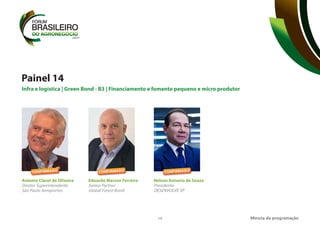 14
Painel 14
Infra e logística | Green Bond - B3 | Financiamento e fomento pequeno e micro produtor
Minuta da programação
Antonio Claret de Oliveira
Diretor Superintendente
São Paulo Aeroportos
Eduardo Marson Ferreira
Senior Partner
Global Forest Bond
Nelson Antonio de Souza 
Presidente
DESENVOLVE SP
CONFIRMADO CONFIRMADO
CONFIRMADO
 