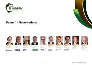 8
Painel 1 - Governadores
Minuta da programação
Coordenador
João Roberto Benites
Conselho de
Administração
J.R.Benites Advisory
Moderador
Geraldo Alckmin
Governador do Estado
de São Paulo
(2001–2003, 2003–2006,
2011–2014, 2015–2018)
Mauro Carlesse
Governador do
Estado do Tocantins
Ronaldo Caiado
Governador
de Goiás
Mauro Mendes
Governador
de Mato Grosso
Reinaldo Azambuja
Governador do Mato
Grosso do Sul
Romeu Zema
Governador
de Minas Gerais
João Doria
Governador do Estado
de São Paulo
Eduardo Leite
Governador do
Rio Grande do Sul
Ratinho Júnior
Governador
do Paraná
CONFIRMADO CONFIRMADO
CONFIRMADO CONFIRMADO
CONFIRMADO CONFIRMADO CONFIRMADO
 