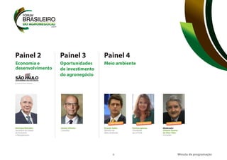 9
Painel 2 Painel 4
Painel 3
Meio ambiente
Oportunidades
de investimento
do agronegócio
Economia e
desenvolvimento
55
Manual de Identidade Visual | Governo do Estado de São Paulo
mento
to
Secretaria da Fazenda e Planejamento
Secretaria de Agricultura e Abastecimento
Minuta da programação
Henrique Meirelles
Secretario de Estado
da Economia
e Planejamento
Gesner Oliveira
Consultor
Ricardo Salles
Ministro do
Meio Ambiente
Patrícia Iglecias
Presidente
da CETESB
Moderador
Octavio Tavares
de Oliva Filho
Consultor
CONFIRMADO CONFIRMADO CONFIRMADO
 