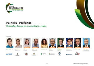 11
Painel 6 - Prefeitos
Minuta da programação
DEBATEDORES
Cinthia Ribeiro
Prefeita de Palmas, TO
Simone Marquetto
Prefeita de
Itapetininga, SP
Miguel Vaz
Prefeito de Lucas
do Rio Verde, MT
Dilador Borges
Prefeito de
Araçatuba, SP
Luciano de
Almeida Tavares
Prefeito de
Piracicaba, SP
Paula Lemos
Prefeita de
Barretos, SP
Suellen Rosim
Prefeita de Bauru, SP
Duarte Nogueira
Prefeito da cidade
de Ribeirão Preto, SP
Sebastião Misiara
Presidente da UVESP
Moderador
Torquato Jardim
Ex-Ministro da Justiça,
Vice-Presidente InvestSP
CONFIRMADO CONFIRMADO
CONFIRMADO CONFIRMADO
CONFIRMADO CONFIRMADO CONFIRMADO
Os desafios do agro em seu município e região
 
