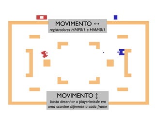 MOVIMENTO ↔
 registradores HMP0/1 e HMM0/1




     MOVIMENTO ↕
 basta desenhar o player/missle em
uma scanline diferente a cada frame
 