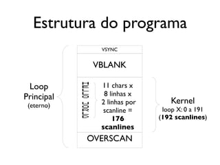 Estrutura do programa
              VSYNC


             VBLANK

 Loop         11 chars x
Principal      8 linhas x
 (eterno)     2 linhas por       Kernel
               scanline =     loop X: 0 a 191
                  176        (192 scanlines)
              scanlines
            OVERSCAN
 