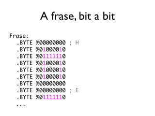 A frase, bit a bit
Frase:
  .BYTE   %00000000 ; H
  .BYTE   %01000010
  .BYTE   %01111110
  .BYTE   %01000010
  .BYTE   %01000010
  .BYTE   %01000010
  .BYTE   %00000000
  .BYTE   %00000000 ; E
  .BYTE   %01111110
  ...
 