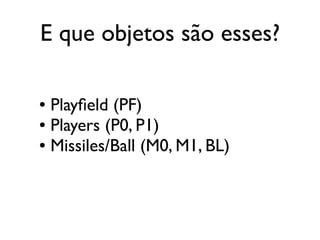 E que objetos são esses?

● Playfield (PF)
● Players (P0, P1)

● Missiles/Ball (M0, M1, BL)
 