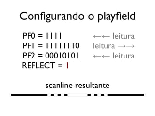 Configurando o playfield
   PF0 = 1111           ←← leitura
   PF1 = 11111110       leitura →→
   PF2 = 00010101       ←← leitura
   REFLECT = 1

          scanline resultante
████████████████████████████████████████
 