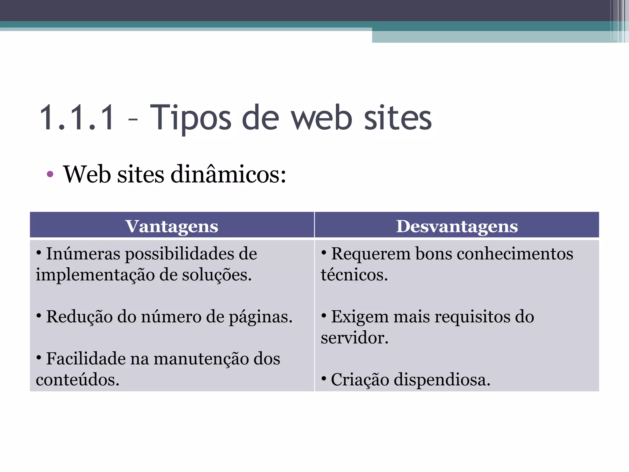 1.1.1 – Tipos de web sites Web sites dinâmicos: Vantagens Desvantagens Inúmeras possibilidades de implementação de soluções. Redução do número de páginas. Facilidade na manutenção dos conteúdos. Requerem bons conhecimentos técnicos. Exigem mais requisitos do servidor. Criação dispendiosa. 