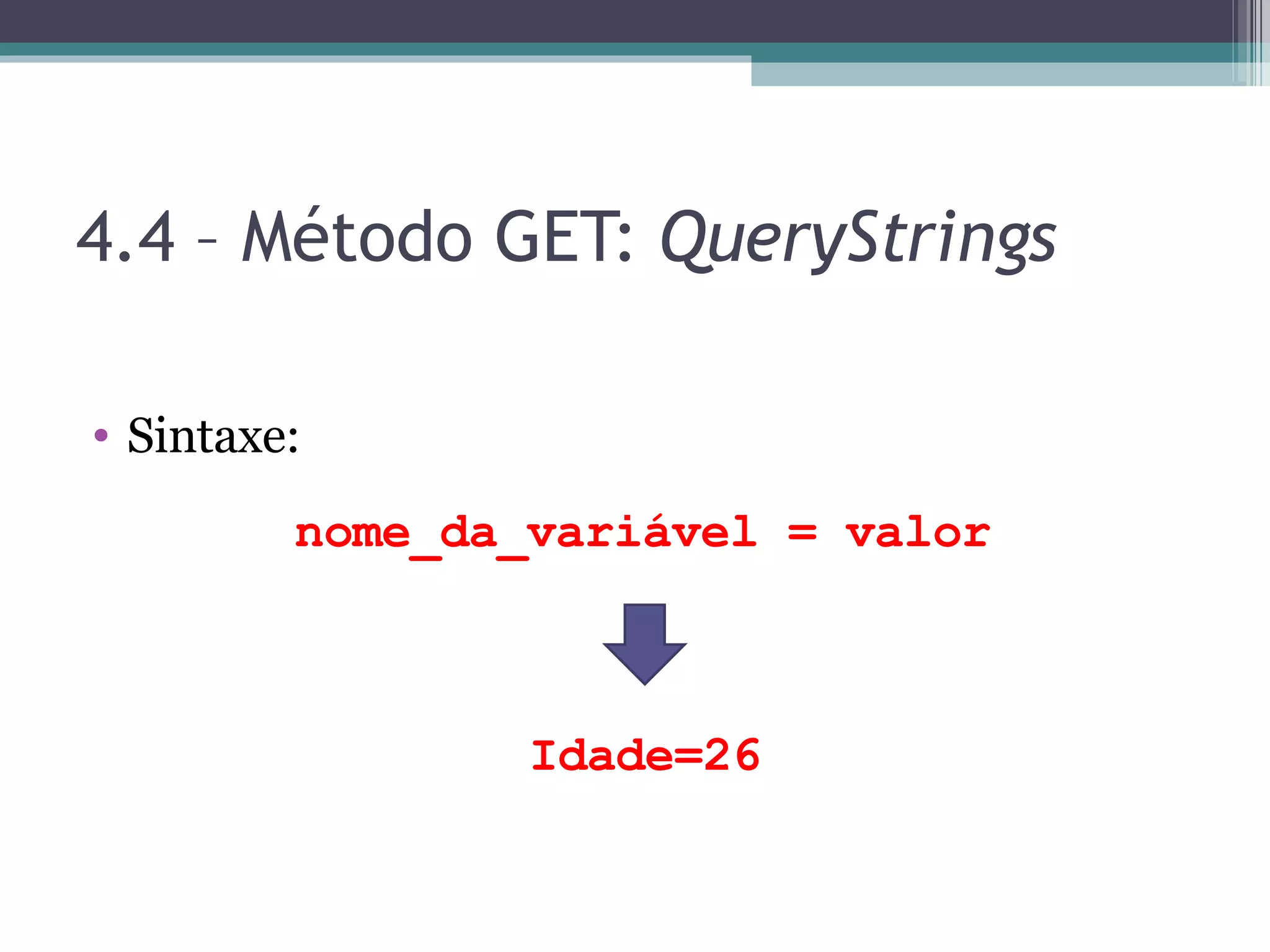 4.4 – Método GET: QueryStrings Sintaxe: nome_da_variável = valor Idade=26 