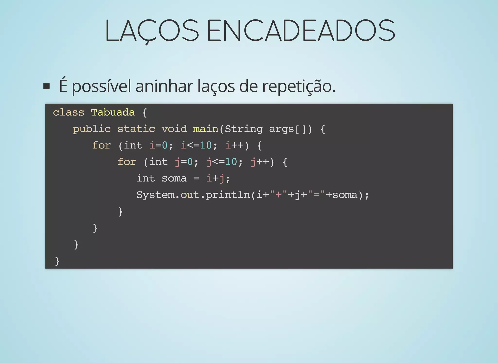 LAÇOSENCADEADOSLAÇOSENCADEADOS
É possível aninhar laços de repetição.
class Tabuada {
public static void main(String args[]) {
for (int i=0; i<=10; i++) {
for (int j=0; j<=10; j++) {
int soma = i+j;
System.out.println(i+"+"+j+"="+soma);
}
}
}
}
 