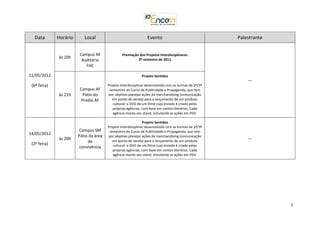Data        Horário      Local                                 Evento                                Palestrante


                        Campus AF                Premiação dos Projetos Interdisciplinares
              às 20h                                      2º semestre de 2011
                         Auditório
                           FHC

11/05/2012                                                   Projeto Sentidos
                                                                                                           ---
 (6ª feira)                             Projeto Interdisciplinar desenvolvido com as turmas de 2º/3º
                        Campus AF        semestres do Curso de Publicidade e Propaganda, que tem
              às 21h      Pátio do      por objetivo planejar ações de merchandising (comunicação
                         Prédio AF         em ponto de venda) para o lançamento de um produto
                                           cultural: o DVD de um filme cujo enredo é criado pelas
                                           próprias agências, com base em contos literários. Cada
                                           agência monta seu stand, simulando as ações em PDV.

                                                               Projeto Sentidos
                                        Projeto Interdisciplinar desenvolvido com as turmas de 2º/3º
                         Campus SM       semestres do Curso de Publicidade e Propaganda, que tem
14/05/2012              Pátio da área   por objetivo planejar ações de merchandising (comunicação
              às 20h                       em ponto de venda) para o lançamento de um produto
                                                                                                           ---
                             de
 (2ª feira)                                cultural: o DVD de um filme cujo enredo é criado pelas
                         convivência
                                           próprias agências, com base em contos literários. Cada
                                           agência monta seu stand, simulando as ações em PDV.




                                                                                                                     5
 