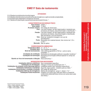 119
* RDC n°50/02 (ANVISA, 2004).
** NBR n°7256 (ABNT, 2005).
*** NBR n°5413 (ABNT, 1992).
UnidadeFuncional2
AtendimentoImediato
Urgências(altacomplexidade)eEmergências
EME17 Sala de isolamento
2.2.4 Realizar procedimentos de enfermagem.
2.2.5 Realizar atendimentos e procedimentos de emergência e urgência de alta complexidade.
2.2.6 Prestar apoio diagnóstico e terapia por 24 horas.
2.2.7 Manter em observação o paciente por período de até 24 horas . *
Área mínima:
Área média:
Pé direito mínimo:
Piso:
Parede:
Teto:
Porta:
Bancada:
Temperatura ideal:
Umidade ideal:
Nível de iluminamento:
Condições de ventilação:
Condições de iluminação:
Quanto ao risco de transmissão e infecção:
Instalações elétrica e eletrônica:
Instalações de climatização:
Instalações de proteção contra descarga elétrica:
Instalações hidráulicas e sanitárias:
Instalações de prevenção e combate a incêndio:
Instalações elétricas de emergência:
Instalações fluido-mecânicas:
CARACTERÍSTICAS DO ESPAÇO FÍSICO
8,00m². *
11,90m²
Ver código de obras local.
Liso (sem frestas), de fácil higienização e resistente aos
processos de limpeza, descontaminação e desinfecção. *
Lisa (sem frestas), de fácil higienização e resistente aos
processos de limpeza, descontaminação e desinfecção.
Não permitindo o uso de divisórias. *
Deve ser resistente à lavagem e ao uso de
desinfetantes.*
Revestida com material lavável. Vão mínimo de 1,10 x
2,10m. *
Não se aplica.
21 - 24 °C. **
Ver condições de conforto.
100 a 200 lux-geral/300 a 750 lux – junto à cama
hospitalar. ***
Necessita de climatização artificial e exaustão mecânica.*
Necessita de iluminação artificial especial no campo de
trabalho. *
Área semicrítica. *
Sem necessidade específica.
Filtragem mínima de insuflamento G4. **
Instalação padrão (sem requisitos específicos).
Água fria, água quente – lavatório para as mãos. *
Ver código de obras local.
Elétrica de emergência - grupo 1, classe > 15. *
Oxigênio (um ponto para cada dois leitos ou fração)/Ar
comprimido medicinal/Vácuo clínico (um ponto para cada
dois leitos). *
ATIVIDADES
CONDICIONANTES AMBIENTAIS
INFRAESTRUTURA NECESSÁRIA
 