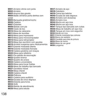 M001
M002
M003
M004
M005
M006
M007
M008
M009
M010
M011-
M012
M013
M014
M015
M016
M017
M018
M019
M020
M021
M022
M023
M024
M025
M026
M027
M028
M029
M030
M031
M032
M033
M034
M035
M036
-Armário vitrine com porta
-Armário
-Arquivo tipo gaveta
-Balde cilíndrico porta detritos com
pedal
-Banqueta giratória/mocho
-Cadeira
-Estantes
-Balcão com pia
-Cesto de lixo
-Mesa de cabeceira
Mesa de reuniões
-Mesa para impressora
-Mesa para microcomputador
-Mesa para retroprojetor
-Mesa tipo escritório com gavetas
-Armário suspenso para medicamentos
-Estante modulada aberta
-Estante modulada fechada
-Cadeira giratória com braços
-Mesa para refeitório
-Pia padrão de escovação
-Quadro branco
-Quadro de avisos
-Cadeira universitária
-Mesa para trocar fraldas
-Mesa de trabalho tipo bancada
-Gaveteiro móvel
-Mesa infantil
-Cadeira infantil
-Poltrona
-Cadeira para auditório
-Escada de cinco degraus
-Estante para livros
-Sofá
-Balcão de atendimento
-Mesa para estudo
138
M037
M038
M039
M040
M042
M043
M044
M046
M047
M048
M049
-Armário de aço
-Cabideiro
-Cama tipo beliche
-Escada de sete degraus
-Armário com divisórias
-Armário inox
-Mocho em aço inox
-Mocho em aço inox
-Tanque tipo bancada com cubas
-Mesa de trabalho em aço inox
-Tanque em inox com esguicho
M050
M051
M052
M053
M054
M055
M056
-Balcão em inox
-Estante modulada tipo colmeia
-Banco de vestiário
-Cavalete para tela de pintura
-Mesa de centro
-Mesa de uso geral
-Longarina
 