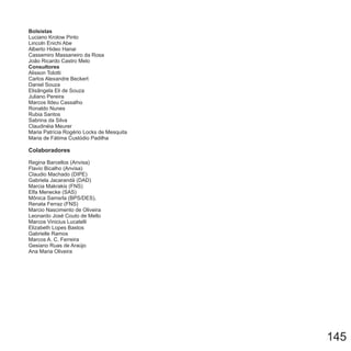 145
Bolsistas
Consultores
Luciano Krolow Pinto
Lincoln Enichi Abe
Alberto Hideo Hanai
Cassemiro Massaneiro da Rosa
João Ricardo Castro Melo
Alisson Tolotti
Carlos Alexandre Beckert
Daniel Souza
Elisângela Eli de Souza
Juliano Pereira
Marcos Ildeu Cassalho
Ronaldo Nunes
Rubia Santos
Sabrina da Silva
Claudinéia Meurer
Maria Patrícia Rogério Locks de Mesquita
Maria de Fátima Custódio Padilha
Regina Barcellos (Anvisa)
Flavio Bicalho (Anvisa)
Claudio Machado (DIPE)
Gabriela Jacarandá (DAD)
Marcia Makrakis (FNS)
Elfa Menecke (SAS)
Mônica Samsrla (BPS/DES),
Renata Ferraz (FNS)
Marcio Nascimento de Oliveira
Leonardo José Couto de Mello
Marcos Vinicius Lucatelli
Elizabeth Lopes Bastos
Gabrielle Ramos
Marcos A. C. Ferreira
Gesiano Ruas de Araújo
Ana Maria Oliveira
Colaboradores
 
