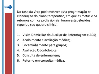 No caso da Vera podemos ver essa programação na
elaboração do plano terapêutico, em que as metas e os
retornos com os profissionais foram estabelecidos
segundo seu quadro clínico:
1.Visita Domiciliar do Auxiliar de Enfermagem e ACS;
2.Acolhimento e avaliação médica;
3.Encaminhamento para grupos;
4.Avaliação Odontológica;
5.Consulta de enfermagem;
6.Retorno em consulta médica.
 