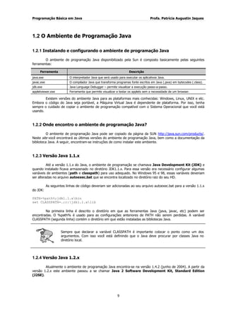 Programação Básica em Java Profa. Patrícia Augustin Jaques
9
1.2 O Ambiente de Programação Java
1.2.1 Instalando e configurando o ambiente de programação Java
O ambiente de programação Java disponibilizado pela Sun é composto basicamente pelas seguintes
ferramentas:
Ferramenta Descrição
java.exe O interpretador Java que será usado para executar os aplicativos Java.
javac.exe O compilador Java que transforma programas fonte escritos em Java (.java) em bytecodes (.class).
jdb.exe Java Language Debugger – permite visualizar a execução passo-a-passo.
appletviewer.exe Ferramenta que permite visualizar e testar os applets sem a necessidade de um browser.
Existem versões do ambiente Java para as plataformas mais conhecidas: Windows, Linux, UNIX e etc.
Embora o código do Java seja portável, a Máquina Virtual Java é dependente de plataforma. Por isso, tenha
sempre o cuidado de copiar o ambiente de programação compatível com o Sistema Operacional que você está
usando.
1.2.2 Onde encontro o ambiente de programação Java?
O ambiente de programação Java pode ser copiado da página da SUN http://java.sun.com/products/.
Neste site você encontrará as últimas versões do ambiente de programação Java, bem como a documentação da
biblioteca Java. A seguir, encontram-se instruções de como instalar este ambiente.
1.2.3 Versão Java 1.1.x
Até a versão 1.1.x do Java, o ambiente de programação se chamava Java Development Kit (JDK) e
quando instalado ficava armazenado no diretório JDK1.1.x. Para essa versão era necessário configurar algumas
variáveis de ambientes (path e classpath) para uso adequado. No Windows 95 e 98, essas variáveis deveriam
ser alteradas no arquivo autoexec.bat que se encontra localizado no diretório raiz do seu HD.
As seguintes linhas de código deveriam ser adicionadas ao seu arquivo autoexec.bat para a versão 1.1.x
do JDK:
PATH=%path%;jdk1.1.xbin
set CLASSPATH=.;c:jdk1.1.xlib
Na primeira linha é descrito o diretório em que as ferramentas Java (java, javac, etc) podem ser
encontradas. O %path% é usado para as configurações anteriores de PATH não serem perdidas. A variável
CLASSPATH (segunda linha) contém o diretório em que estão instaladas as bibliotecas Java.
Sempre que declarar a variável CLASSPATH é importante colocar o ponto como um dos
argumentos. Com isso você está definindo que o Java deve procurar por classes Java no
diretório local.
1.2.4 Versão Java 1.2.x
Atualmente o ambiente de programação Java encontra-se na versão 1.4.2 (junho de 2004). A partir da
versão 1.2.x este ambiente passou a se chamar Java 2 Software Development Kit, Standard Edition
(J2SE).
 