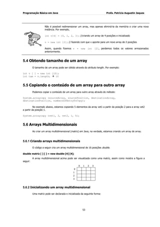Programação Básica em Java Profa. Patrícia Augustin Jaques
53
Não é possível redimensionar um array, mas apenas eliminá-la da memória e criar uma nova
instância. Por exemplo,
int v[4] = {0, 1, 2, 3}; //criando um array de 4 posições e inicializado
v = new int [2]; // fazendo com que v aponte para um novo array de 2 posições
Assim, quando fizemos v = new int [2], perdemos todos os valores armazenados
anteriormente.
5.4 Obtendo tamanho de um array
O tamanho de um array pode ser obtido através do atributo length. Por exemplo:
int v [ ] = new int [10];
int tam = v.length;  10
5.5 Copiando o conteúdo de um array para outro array
Podemos copiar o conteúdo de um array para outro array através do método:
System.arraycopy (sourceArray, sourcePosition, destinationArray,
destinationPosition, numbersOfEntryToCopy);
No exemplo abaixo, estamos copiando 5 elementos da array vet1 a partir da posição 2 para a array vet2
a partir da posição 1.
System.arraycopy (vet1, 2, vet2, 1, 5);
5.6 Arrays Multidimensionais
Ao criar um array multidimensional (matriz) em Java, na verdade, estamos criando um array de array.
5.6.1 Criando arrays multidimensionais
O código a seguir cria um array multidimensional de 16 posições double.
double matriz [ ] [ ] = new double [4] [4];
A array multidimensional acima pode ser visualizada como uma matriz, assim como mostra a figura a
seguir:
0 1 2 3
0
1
2
3
5.6.2 Inicializando um array multidimensional
Uma matriz pode ser declarada e inicializada da seguinte forma:
 
