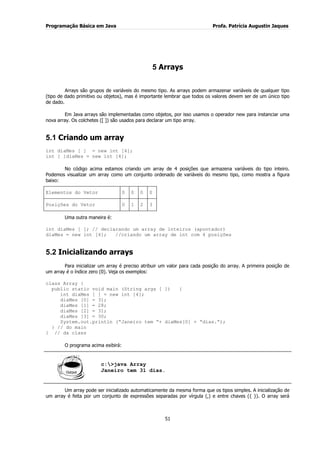 Programação Básica em Java Profa. Patrícia Augustin Jaques 
51 
5 Arrays 
Arrays são grupos de variáveis do mesmo tipo. As arrays podem armazenar variáveis de qualquer tipo (tipo de dado primitivo ou objetos), mas é importante lembrar que todos os valores devem ser de um único tipo de dado. Em Java arrays são implementadas como objetos, por isso usamos o operador new para instanciar uma nova array. Os colchetes ([ ]) são usados para declarar um tipo array. 
5.1 Criando um array 
int diaMes [ ] = new int [4]; int [ ]diaMes = new int [4]; No código acima estamos criando um array de 4 posições que armazena variáveis do tipo inteiro. Podemos visualizar um array como um conjunto ordenado de variáveis do mesmo tipo, como mostra a figura baixo: 
Elementos do Vetor 
0 
0 
0 
0 
Posições do Vetor 
0 
1 
2 
3 
Uma outra maneira é: int diaMes [ ]; // declarando um array de inteiros (apontador) diaMes = new int [4]; //criando um array de int com 4 posições 
5.2 Inicializando arrays 
Para inicializar um array é preciso atribuir um valor para cada posição do array. A primeira posição de um array é o índice zero (0). Veja os exemplos: class Array { public static void main (String args [ ]) { int diaMes [ ] = new int [4]; diaMes [0] = 31; diaMes [1] = 28; diaMes [2] = 31; diaMes [3] = 30; System.out.println (“Janeiro tem “+ diaMes[0] + “dias.”); } // do main } // da class O programa acima exibirá: 
c:>java Array Janeiro tem 31 dias. 
Um array pode ser inicializado automaticamente da mesma forma que os tipos simples. A inicialização de um array é feita por um conjunto de expressões separadas por vírgula (,) e entre chaves ({ }). O array será  