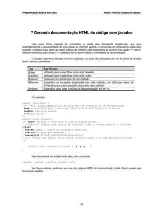 Programação Básica em Java Profa. Patrícia Augustin Jaques 
58 
7 Gerando documentação HTML do código com javadoc 
Uma outra forma especial de comentário é usada pela ferramenta javadoc.exe, que gera automaticamente a documentação de uma classe ou interface pública. A convenção de comentários usada para suportar o javadoc é que antes da classe pública, do método e das declarações de variável seja usado /** (barra- asterisco-asterisco) para iniciar e */ (asterisco-barra) para finalizar o comentário da documentação. 
O javadoc reconhece diversas variáveis especiais, as quais são denotadas por um @ (sinal de arroba) dentro desses comentários. 
Por exemplo: import java.lang.*; /** Esta classe exemplifica um programa com comentários de documentação @see <a href="C:jdk1.3docsapijavaioFile.html">java.io.File</a> @author Patricia Jaques @version %1.2% */ public class JavaDoc { /** <pre> Retorna o caractere no índice especificado. * O valor do índice pode variar de <code>0</code> a <code>length() - 1</code>. </pre> * @param index o índice do caractere desejado. * @return o caractere desejado. * @exception StringIndexOutOfRangeException * se o índice não possui valor entre <code>0</code> e </code>length()-1</code>. */ public char charAt(int index) { ... } } Para documentar um código fonte Java, use o comando: javadoc –author -version JavaDoc.java Nas figuras abaixo, podemos ver uma das páginas HTML de documentação (visão Class) gerada pela ferramenta JavaDoc. 
Tag Significado @see utilizado para especificar uma nota SeeAlso @author utilizado para especificar uma nota Autor @param Descreve um parâmetro de um método @throws Especifica as exceções disparadas por este método, um @throws deve ser fornecido para cada exceção disparada pelo método @return Especifica uma nota Returns na documentação em HTML  