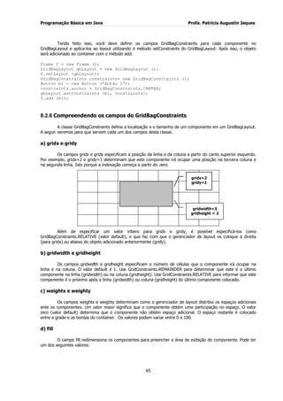 Programação Básica em Java Profa. Patrícia Augustin Jaques 
65 
Tendo feito isso, você deve definir os campos GridBagConstraints para cada componente no GridBagLayout e aplica-los ao layout utilizando o método setConstraints do GridBagLayout: Após isso, o objeto será adicionado ao container com o método add. Frame f = new Frame (); GridBagLayout gbLayout = new GridBagLayout (); f.setLayout (gbLayout); GridBagConstraints constraints= new GridBagConstraints (); Button b1 = new Button (“Botão 1”); constraints.anchor = GridBagConstraints.CENTER; gbLayout.setConstraints (b1, constraints); f.add (b1); 
8.2.6 Compreendendo os campos do GridBagConstraints 
A classe GridBagConstraints define a localização e o tamanho de um componente em um GridBagLayout. A seguir veremos para que servem cada um dos campos desta classe. 
a) gridx e gridy 
Os campos gridx e gridy especificam a posição da linha e da coluna a partir do canto superior esquerdo. Por exemplo, gridx=2 e gridy=1 determinam que este componente irá ocupar uma posição na terceira coluna e na segunda linha. Isto porque a indexação começa a partir do zero. 
Além de especificar um valor inteiro para gridx e gridy, é possível especificá-los como GridBagConstraints.RELATIVE (valor default), o que faz com que o gerenciador de layout os coloque a direita (para gridx) ou abaixo do objeto adicionado anteriormente (gridy). 
b) gridwidth e gridheight 
Os campos gridwidth e gridheight especificam o número de células que o componente irá ocupar na linha e na coluna. O valor default é 1. Use GridConstraints.REMAINDER para determinar que este é o último componente na linha (gridwidth) ou na coluna (gridheight). Use GridConstraints.RELATIVE para informar que este componente é o próximo após a linha (gridwidth) ou coluna (gridheight) do último componente colocado. 
c) weightx e weighty 
Os campos weightx e weighty determinam como o gerenciador de layout distribui os espaços adicionais ente os componentes. Um valor maior significa que o componente obtém uma participação no espaço. O valor zero (valor default) determina que o componente não obtém espaço adicional. O espaço restante é colocado entre a grade e as bordas do container. Os valores podem variar entre 0 e 100. 
d) fill 
O campo fill redimensiona os componentes para preencher a área de exibição do componente. Pode ter um dos seguintes valores: 
gridx=2 gridy=1 
gridwidth=3 gridheight = 2  