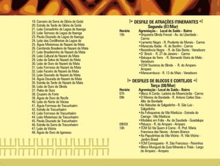 19. Carneiro da Serra de Glória de Goitá              DESFILE DE ATRAÇÕES ITINERANTES
20. Estrela da Tarde de Glória de Goitá                      Segunda (07/Mar)
21. Leão Coroadinho de Lagoa de Itaenga     Horário      Agremiação - Local de Saída - Bairro
22. Leão Teimoso de Lagoa de Itaenga        18h          •Orquestra Olinda Frevoé - Av. da Liberdade -
23. Pavão Dourado de Lagoa de Itaenga                     Carmo
24. Leão das Cordilheiras de Lagoa de                    •Lamento Negro - R. Prudente de Morais - Carmo
25. Águia Misteriosa de Nazaré da Mata                   •Maracatu Badia - R. do Bonfim - Carmo
26. Cambinda Brasileira de Nazaré da Mata                •Resistência Negra - R. de São Bento - Varadouro
27. Leão Brasileirinho de Nazaré da Mata                 •D´Breck - R. 27 de Janeiro - Carmo
28. Leão Cultural de Nazaré da Mata                      •Batuque da Terra - R. Bernardo Vieira de Melo -
29. Leão da Selva de Nazaré da Mata                       Varadouro
30. Leão de Ouro de Nazaré da Mata                       •CCM Toureiros de Olinda - R. do Amparo-
31. Leão Formoso de Nazaré da Mata                        Amparo
32. Leão Faceiro de Nazaré da Mata                       •Maracambuco - R. 13 de Maio - Varadouro
33. Leão Dourado de Nazaré da Mata
34. Águia Dourada de Nazaré da Mata
35. Estrela da Tarde de Nazaré da Mata                DESFILES DE BLOCOS E CORTEJOS
36. Leão de Ouro de Olinda                                     Terça (08/Mar)
37. Piaba de Ouro                           Horário      Agremiação - Local de Saída - Bairro
38. Cruzeiro do Forte                       07h          •Bloco A Corda- Ladeira da Misericórdia - Carmo
39. Águia de Ouro do Recife                 09h          •O Menino da Bondade - R. Antono Carlos Dias -
40. Leão do Norte da Várzea                               Alto da Bondade
41. Águia Formosa de Tracunhaém                          •As Rabudas de Salgadinho - R. São Luiz -
42. Estrela de Tracunhaém                                 Salgadinho
43. Leão Formoso de Tracunhaém                           •As Fofoqueiras da Vila Marlúcia - Estrada do
44. Leão Misterioso de Tracunhaém                         Caenga - Vila Marlúcia
45. Pavão Dourado de Tracunhaém                          •Modelos em Folia - Av. da Saudade - Guadalupe
46. Estrela da Serra de Tracunhaém          09h59        •Patusco - R. do Amparo - Amparo
47. Leão da Vitória                         10h          •TCM Só Vai Quem é Corno - R. Prof. Maria
48. Águia de Ouro de Igarassu                             Francisca das Neves - Amaro Branco
                                                         •As Papudinhas da Vila Vitória - R. Vila Vitória -
                                                          Jardim Brasil
                                                         •TCM Cornogueira - R. São Francisco - Peixinhos
                                                         •Bloco Munguzá de Zuza Miranda e Thaís - Largo
                                                          do Amparo - Amparo
 