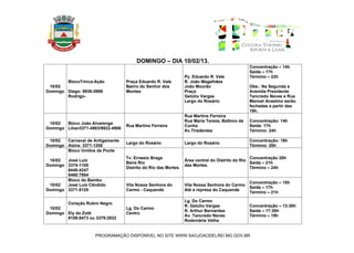 DOMINGO – DIA 10/02/13.
                                                                                                Concentração – 14h
                                                                                                Saída – 17h
                                                                 Pç. Eduardo R. Vale            Término – 22h
         BlocoTrinca-Ação           Praça Eduardo R. Vale        R. João Magalhães
 10/02                              Bairro do Senhor dos         João Mourão                    Obs.: Na Segunda a
Domingo Diego- 9936:0998            Montes                       Praça                          Avenida Presidente
        Rodrigo-                                                 Getúlio Vargas                 Tancredo Neves e Rua
                                                                 Largo do Rosário               Manoel Anselmo serão
                                                                                                fechadas a partir das
                                                                                                19h.
                                                                 Rua Martins Ferreira
                                                                 Rua Maria Tereza, Balbino da   Concentração: 14h
 10/02  Bloco João Alvarenga
                                    Rua Martins Ferreira         Cunha                          Saída: 17h
Domingo Lilian3371-4903/9922-4906
                                                                 Av.Tiradentes                  Término: 24h

 10/02  Carnaval de Antigamente                                                                 Concentração: 16h
                                    Largo do Rosário             Largo do Rosário
Domingo Alzira: 3371:1208                                                                       Término: 20h
        Bloco Unidos da Ponte
                                    Tv. Ernesto Braga                                            Concentração 20h
 10/02  José Luiz                                                Área central do Distrito do Rio
                                    Beira Rio                                                    Saída – 21h
Domingo 3374-1105                                                das Mortes.
                                    Distrito do Rio das Mortes                                   Término – 24h
        8448-4247
        8460:7954
        Bloco do Bambu
                                                                                                Concentração – 15h
 10/02  José Luiz Cândido           Vila Nossa Senhora do        Vila Nossa Senhora do Carmo
                                                                                                Saída – 17h
Domingo 3371:8125                   Carmo - Caquende             Até a represa do Caquende
                                                                                                Término – 21h

                                                                 Lg. Do Carmo
         Coração Rubro Negro
                                                                 R. Getúlio Vargas              Concentração – 13:30h
 10/02                              Lg. Do Carmo
                                                                 R. Arthur Bernardes            Saída – 17:30h
Domingo Ely do Zotti                Centro
                                                                 Av. Tancredo Neves             Término – 19h
        9109:8473 ou 3379:2932
                                                                 Rodoviária Velha


                     PROGRAMAÇÃO DISPONÍVEL NO SITE WWW.SAOJOAODELREI.MG.GOV.BR
 