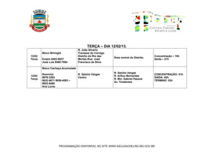 TERÇA – DIA 12/02/13.
                                  R. João Silvério
        Bloco Birinight           Travessa do Córrego
12/02                             Distrito do Rio das                               Concentração – 15h
                                                        Área central do Distrito.
Terça   Evázio 8403:8937          Mortes.Rua: José                                  Saída – 21h
        José Luiz 8460:7954       Francisco da Silva

        Bloco Cachaça Acumulada
                                                        R. Getúlio Vargas
        Rominho                   R. Getúlio Vargas                                 CONCENTRAÇÃO: 01h
12/02                                                   R. Arthur Bernardes
        9976:3293                 Centro                                            SAÍDA: 02h
Terça                                                   R. Min. Gabriel Passos
        9932-8871 9936-4593 –                                                       TÉRMINO: 03h
                                                        Av. Tiradentes
        9922-6460
        Ana Lúcia-




                     PROGRAMAÇÃO DISPONÍVEL NO SITE WWW.SAOJOAODELREI.MG.GOV.BR
 