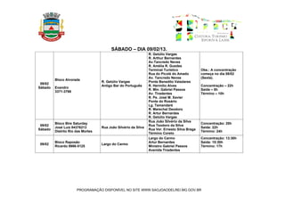 SÁBADO – DIA 09/02/13.
                                                                R. Getúlio Vargas
                                                                R. Arthur Bernardes
                                                                Av.Tancredo Neves
                                                                R. Amélia R. Guedes
                                                                Terminal Turístico             Obs.: A concentração
                                                                Rua do Picolé do Amado         começa no dia 08/02
                                                                Av. Tancredo Neves             (Sexta).
         Bloco Alvorada
                                   R. Getúlio Vargas            Ponte Benedito Valadares
 09/02
                                   Antigo Bar do Português      R. Hermílio Alves              Concentração – 22h
Sábado   Evandro
                                                                R. Min. Gabriel Passos         Saída – 5h
         3371-3798
                                                                Av. Tiradentes                 Término – 10h
                                                                R. Pe. José M. Xavier
                                                                Ponte do Rosário
                                                                Lg. Tamandaré
                                                                R. Marechal Deodoro
                                                                R. Artur Bernardes
                                                                R. Getúlio Vargas
                                                                Rua João Silvério da Silva
         Bloco Bire Saturday                                                                   Concentração: 20h
 09/02                                                          Rua Teodoro da Silva
         José Luiz 84376213        Rua João Silvério da Silva                                  Saída: 22h
Sábado                                                          Rua Ver. Ernesto Silva Braga
         Distrito Rio das Mortes                                                               Término: 24h
                                                                Término Coreto
                                                                Largo do Carmo                 Concentração: 13:30h
         Bloco Raposão                                          Artur Bernardes                Saída: 15:30h
09/02                              Largo do Carmo
         Ricardo 9986-5125                                      Ministro Gabriel Passos        Término: 17h
                                                                Avenida Tiradentes




                      PROGRAMAÇÃO DISPONÍVEL NO SITE WWW.SAOJOAODELREI.MG.GOV.BR
 