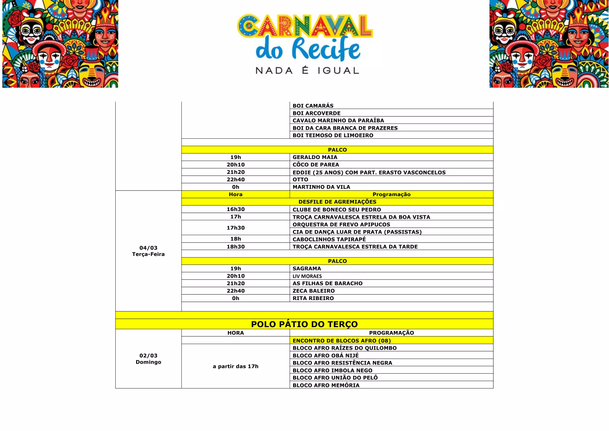  
BOI CAMARÁS
BOI ARCOVERDE
CAVALO MARINHO DA PARAÍBA
BOI DA CARA BRANCA DE PRAZERES
BOI TEIMOSO DE LIMOEIRO
PALCO
GERALDO MAIA
CÔCO DE PAREA

19h
20h10
21h20
22h40
0h
Hora

EDDIE (25 ANOS) COM PART. ERASTO VASCONCELOS
OTTO
MARTINHO DA VILA
Programação
DESFILE DE AGREMIAÇÕES

16h30
17h

CLUBE DE BONECO SEU PEDRO
TROÇA CARNAVALESCA ESTRELA DA BOA VISTA
ORQUESTRA DE FREVO APIPUCOS
CIA DE DANÇA LUAR DE PRATA (PASSISTAS)
CABOCLINHOS TAPIRAPÉ
TROÇA CARNAVALESCA ESTRELA DA TARDE

17h30
18h
04/03
Terça-Feira

18h30

PALCO
19h
20h10
21h20
22h40
0h

SAGRAMA

LIV	
  MORAES	
  
AS FILHAS DE BARACHO
ZECA BALEIRO
RITA RIBEIRO

POLO PÁTIO DO TERÇO
HORA

02/03
Domingo

	
  

a partir das 17h

PROGRAMAÇÃO
ENCONTRO DE BLOCOS AFRO (08)
BLOCO AFRO RAÍZES DO QUILOMBO
BLOCO AFRO OBÁ NIJÉ
BLOCO AFRO RESISTÊNCIA NEGRA
BLOCO AFRO IMBOLA NEGO
BLOCO AFRO UNIÃO DO PELÔ
BLOCO AFRO MEMÓRIA

 