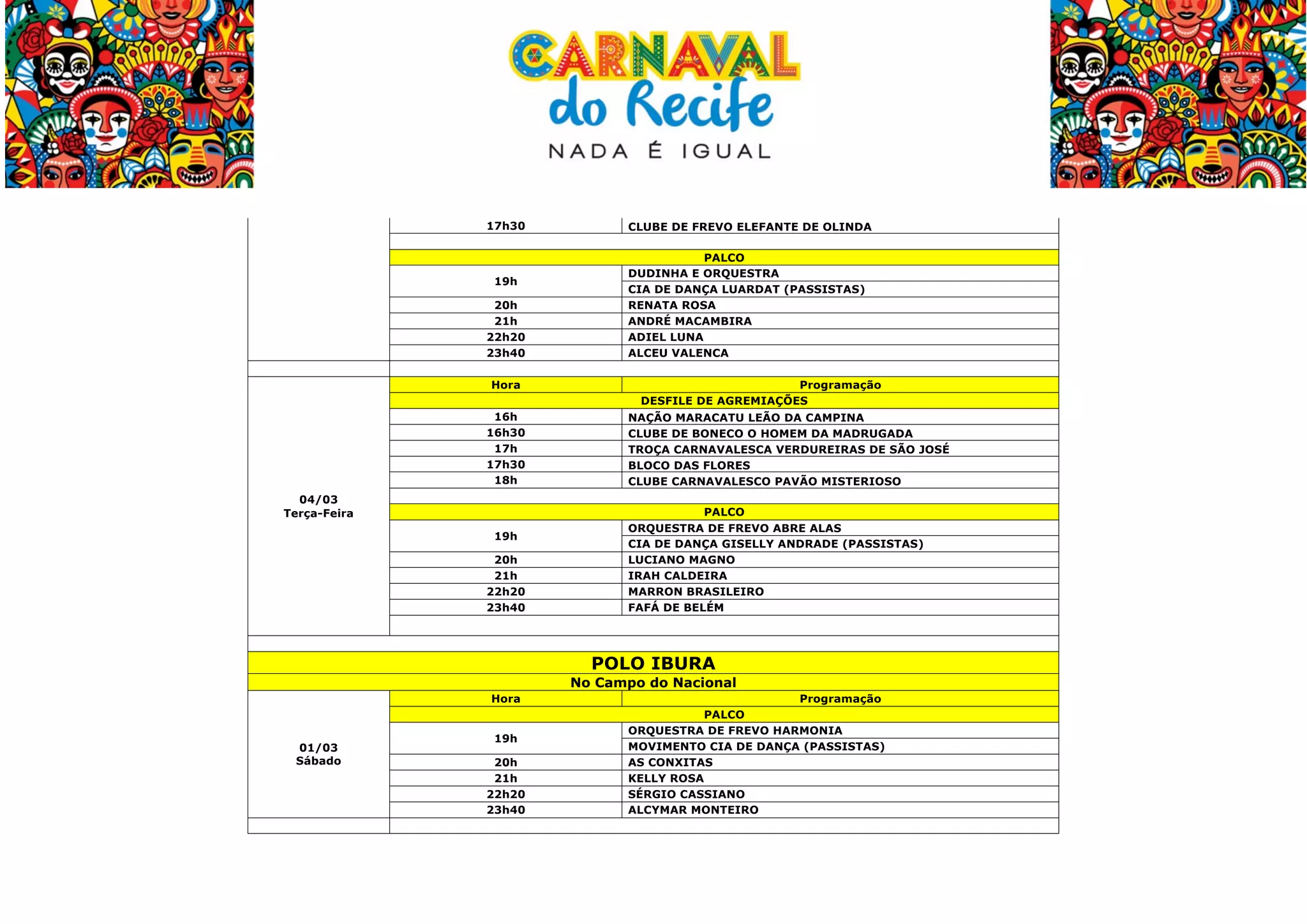  
17h30

19h
20h
21h
22h20
23h40
Hora
16h
16h30
17h
17h30
18h
04/03
Terça-Feira
19h
20h
21h
22h20
23h40

CLUBE DE FREVO ELEFANTE DE OLINDA
PALCO
DUDINHA E ORQUESTRA
CIA DE DANÇA LUARDAT (PASSISTAS)
RENATA ROSA
ANDRÉ MACAMBIRA
ADIEL LUNA
ALCEU VALENCA
Programação
DESFILE DE AGREMIAÇÕES
NAÇÃO MARACATU LEÃO DA CAMPINA
CLUBE DE BONECO O HOMEM DA MADRUGADA
TROÇA CARNAVALESCA VERDUREIRAS DE SÃO JOSÉ
BLOCO DAS FLORES
CLUBE CARNAVALESCO PAVÃO MISTERIOSO
PALCO
ORQUESTRA DE FREVO ABRE ALAS
CIA DE DANÇA GISELLY ANDRADE (PASSISTAS)
LUCIANO MAGNO
IRAH CALDEIRA
MARRON BRASILEIRO
FAFÁ DE BELÉM

POLO IBURA
No Campo do Nacional
Hora

01/03
Sábado

	
  

19h
20h
21h
22h20
23h40

Programação
PALCO
ORQUESTRA DE FREVO HARMONIA
MOVIMENTO CIA DE DANÇA (PASSISTAS)
AS CONXITAS
KELLY ROSA
SÉRGIO CASSIANO
ALCYMAR MONTEIRO

 