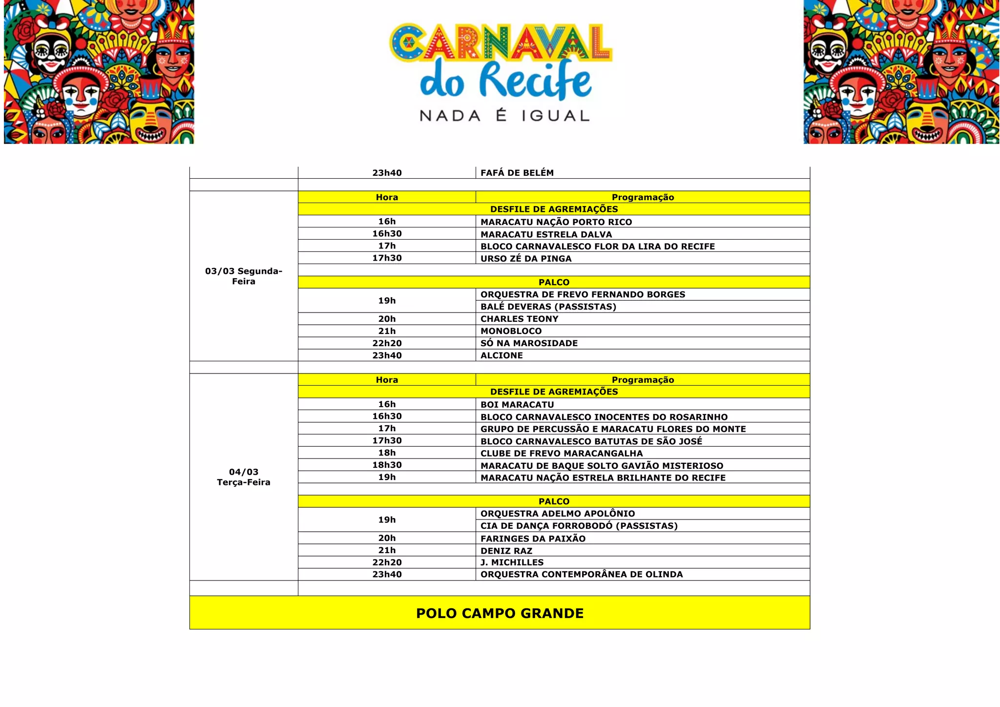  
23h40
Hora
16h
16h30
17h
17h30
03/03 SegundaFeira
19h
20h
21h
22h20
23h40
Hora

04/03
Terça-Feira

16h
16h30
17h
17h30
18h
18h30
19h

19h
20h
21h
22h20
23h40

FAFÁ DE BELÉM
Programação
DESFILE DE AGREMIAÇÕES
MARACATU NAÇÃO PORTO RICO
MARACATU ESTRELA DALVA
BLOCO CARNAVALESCO FLOR DA LIRA DO RECIFE
URSO ZÉ DA PINGA
PALCO
ORQUESTRA DE FREVO FERNANDO BORGES
BALÉ DEVERAS (PASSISTAS)
CHARLES TEONY
MONOBLOCO
SÓ NA MAROSIDADE
ALCIONE
Programação
DESFILE DE AGREMIAÇÕES
BOI MARACATU
BLOCO CARNAVALESCO INOCENTES DO ROSARINHO
GRUPO DE PERCUSSÃO E MARACATU FLORES DO MONTE
BLOCO CARNAVALESCO BATUTAS DE SÃO JOSÉ
CLUBE DE FREVO MARACANGALHA
MARACATU DE BAQUE SOLTO GAVIÃO MISTERIOSO
MARACATU NAÇÃO ESTRELA BRILHANTE DO RECIFE
PALCO
ORQUESTRA ADELMO APOLÔNIO
CIA DE DANÇA FORROBODÓ (PASSISTAS)
FARINGES DA PAIXÃO
DENIZ RAZ
J. MICHILLES
ORQUESTRA CONTEMPORÂNEA DE OLINDA

POLO CAMPO GRANDE

	
  

 