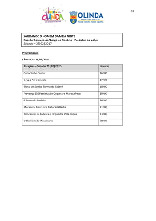18
Programação
SÁBADO – 25/02/2017
Atrações – Sábado 25|02|2017 - Horário
Caboclinho Orubá 16h00
Grupo Afro Senzala 17h00
Bloco de Samba Turma do Saberé 18h00
Frevança (30 Passistas) e Orquestra Maracafrevo 19h00
A Burra do Rosário 20h00
Maracatu Bate Livre Batucada Badia 21h00
Brincantes da Ladeira e Orquestra Villa Lobos 23h00
O Homem da Meia Noite 00h00
SAUDANDO O HOMEM DA MEIA NOITE
Rua do Bonsucesso/Largo do Rosário - Produtor do polo:
Sábado – 25|02|2017
 