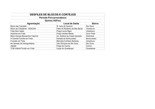 DESFILES DE BLOCOS E CORTEJOS
                            Período Pré-carnavalesco
                                 Quinta (16/Fev)
                  Agremiação                      Local de Saída                  Bairro
Bloco das Canções                           R. Iracy de Queiroz              Rio Doce
Bloco da Cidadania - SDSCDH                 Pátio do Mosteiro de São Bento   Varadouro
Folia Sem Idade                             Praça Laura Nigro                Varadouro
Anjinhos em Folia                           Praça Verdes Mares               Ouro Preto
Bloco Escola Monsenhor Fabrício             Av. Antônio da Costa Azevedo     Peixinhos
A Grande Família em Folia                   Estrada do Bonsucesso            Bonsucesso
Furacão em Folia                            Mercado Eufrásio Barbosa         Varadouro
As Sereias da Hidroginástica                Vila Olímpica de Rio Doce        Rio Doce
Zabelê                                      Praça do Carmo                   Carmo
TCM Infantil Pirulito em Folia              Largo do Guadalupe               Guadalupe
 