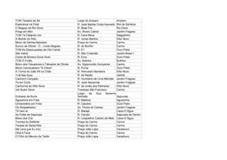 TCM Tarados da Sé                           Largo do Amparo                 Amparo
Esperança na Folia                          R. José Batista Costa Azevedo Ilha de Santana
O Bagaço de Rio Doce                        R. Beija Flor                   Rio Doce
Pinga em Mim                                Av. Álvaro Cabral               Jardim Fragoso
TCM Tá Faltando Um                          R. Feira Nova                   Salgadinho
A Mulher do Sítio                           R. Jonas Martins                Sítio Novo
Bloco de Samba Batuketu                     Praça do Carmo                  Carmo
Sururu de Olinda - Ó…Linda Alagoas          R. do Bonfim                    Carmo
TCM As Desocupadas da Vila Cohab            R. E1                           Ouro Preto
Alto Astral                                 R. São Cristóvão                Jardim Brasil I
Clube de Boneco Dona Xoxó                   R. Ema                          Ouro Preto
TCM O Furão                                 Av. Bultrins                    Bultrins
Bloco dos Tatuadores e Tatuados de Olinda   Av. Sigismundo Gonçalves        Carmo
Bloco Carnavalesco "A Cobra"                R. Puma                         Ouro Preto
A Turma do João Pé no Chão                  R. Herculano Bandeira           Sítio Novo
TCM Mão Boba                                R. da Nação                     Jatobá
Cachorro Cançado                            R. Humberto de Lima Mendes Jardim Fragoso
Tá em Cima                                  R. José Alexanrde               Jardim Fragoso
Cachorros de Sítio Novo                     R. da União dos Palmares        Sítio Novo
Vai Quem Deve                               Travessa São Francisco          Carmo
                                            Largo     da   Rua     Severino
Embaixo da Burra                            Semeão                          Sapucaia
Aguazinha em Folia                          R. Melânia                      Aguazinha
Universitário em Folia                      R. Calcário                     Ouro Preto
Os Atrapalhados                             Av. Flores do Campo             Jardim Fragoso
Tô nem aí                                   R. Marajá                       Caixa D´Água
As Fofas de Sapucaia                        R. Campo                        Sapucaia de Dentro
Bloco dos DJs                               R. Leopoldino Caduto de Melo Caixa D´Água
Tromba do Elefante                          Praça do Carmo                  Carmo
Tarada de Santa Rita                        Praça do Carmo                  Carmo
Me Leva que Eu Vou                          Praça João Lapa                 Varadouro
Olha a Faca                                 Praça do Carmo                  Carmo
O Filho do Menino da Tarde                  Praça João Lapa                 Varadouro
 