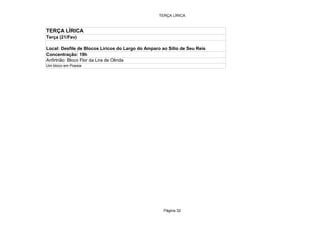 TERÇA LÍRICA



TERÇA LÍRICA
Terça (21/Fev)

Local: Desfile de Blocos Líricos do Largo do Amparo ao Sítio de Seu Reis
Concentração: 19h
Anfirtrião: Bloco Flor da Lira de Olinda
Um bloco em Poesia




                                                     Página 32
 