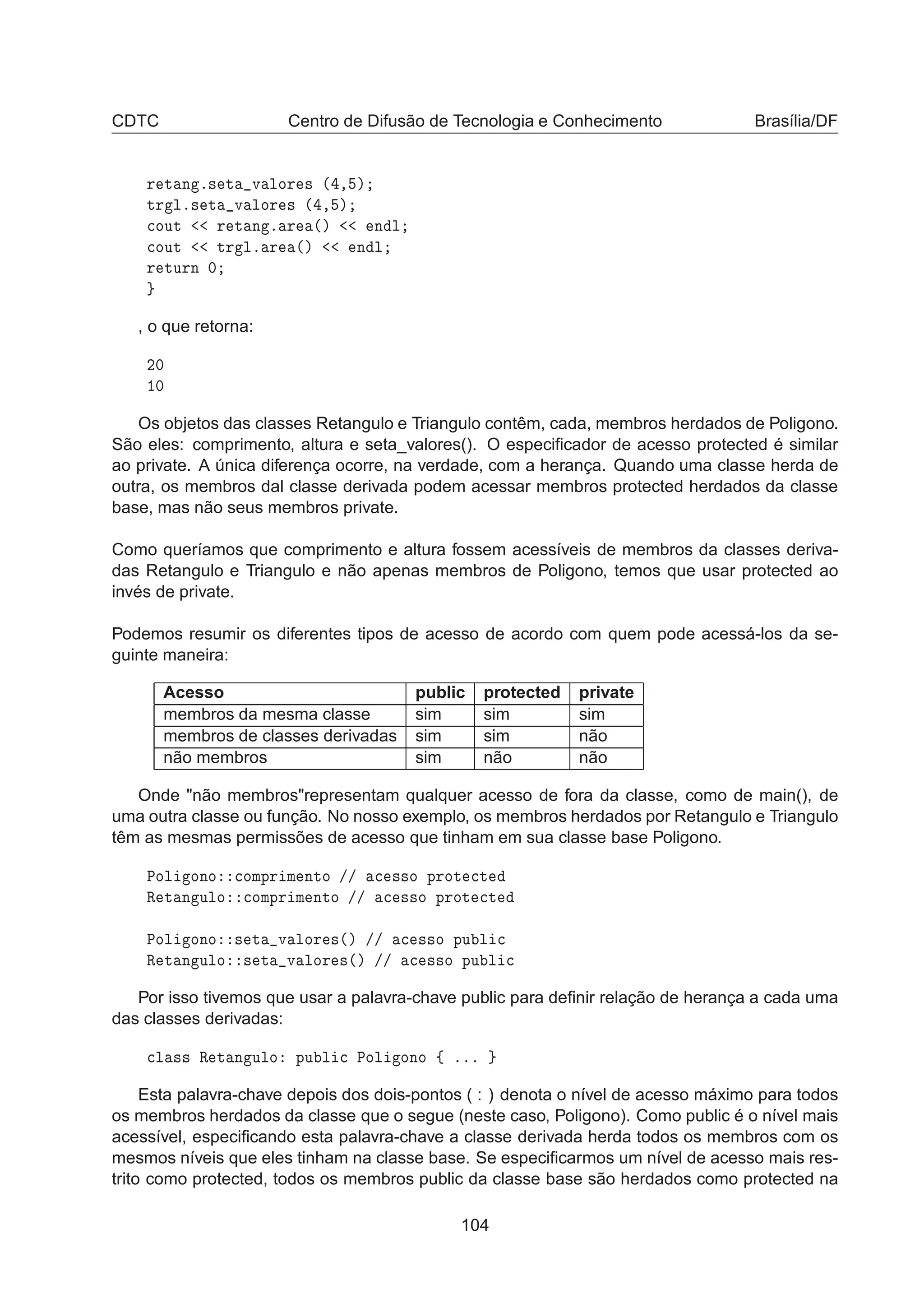CDTC Centro de Difusão de Tecnologia e Conhecimento Brasília/DF
Ö Ø Ò º× Ø Ú ÐÓÖ × ´ ¸ µ
ØÖ Ðº× Ø Ú ÐÓÖ × ´ ¸ µ

ÓÙØ Ö Ø Ò º Ö ´µ Ò Ð

ÓÙØ ØÖ Ðº Ö ´µ Ò Ð
Ö ØÙÖÒ ¼
, o que retorna:
¾¼
½¼
Os objetos das classes Retangulo e Triangulo contêm, cada, membros herdados de Poligono.
São eles: comprimento, altura e seta_valores(). O especiﬁcador de acesso protected é similar
ao private. A única diferença ocorre, na verdade, com a herança. Quando uma classe herda de
outra, os membros dal classe derivada podem acessar membros protected herdados da classe
base, mas não seus membros private.
Como queríamos que comprimento e altura fossem acessíveis de membros da classes deriva-
das Retangulo e Triangulo e não apenas membros de Poligono, temos que usar protected ao
invés de private.
Podemos resumir os diferentes tipos de acesso de acordo com quem pode acessá-los da se-
guinte maneira:
Acesso public protected private
membros da mesma classe sim sim sim
membros de classes derivadas sim sim não
não membros sim não não
Onde não membrosrepresentam qualquer acesso de fora da classe, como de main(), de
uma outra classe ou função. No nosso exemplo, os membros herdados por Retangulo e Triangulo
têm as mesmas permissões de acesso que tinham em sua classe base Poligono.
ÈÓÐ ÓÒÓ 
ÓÑÔÖ Ñ ÒØÓ »» 
 ××Ó ÔÖÓØ 
Ø
Ê Ø Ò ÙÐÓ 
ÓÑÔÖ Ñ ÒØÓ »» 
 ××Ó ÔÖÓØ 
Ø
ÈÓÐ ÓÒÓ × Ø Ú ÐÓÖ ×´µ »» 
 ××Ó ÔÙ Ð 
Ê Ø Ò ÙÐÓ × Ø Ú ÐÓÖ ×´µ »» 
 ××Ó ÔÙ Ð 
Por isso tivemos que usar a palavra-chave public para deﬁnir relação de herança a cada uma
das classes derivadas:

Ð ×× Ê Ø Ò ÙÐÓ ÔÙ Ð 
 ÈÓÐ ÓÒÓ ß ººº
Esta palavra-chave depois dos dois-pontos ( : ) denota o nível de acesso máximo para todos
os membros herdados da classe que o segue (neste caso, Poligono). Como public é o nível mais
acessível, especiﬁcando esta palavra-chave a classe derivada herda todos os membros com os
mesmos níveis que eles tinham na classe base. Se especiﬁcarmos um nível de acesso mais res-
trito como protected, todos os membros public da classe base são herdados como protected na
104
 