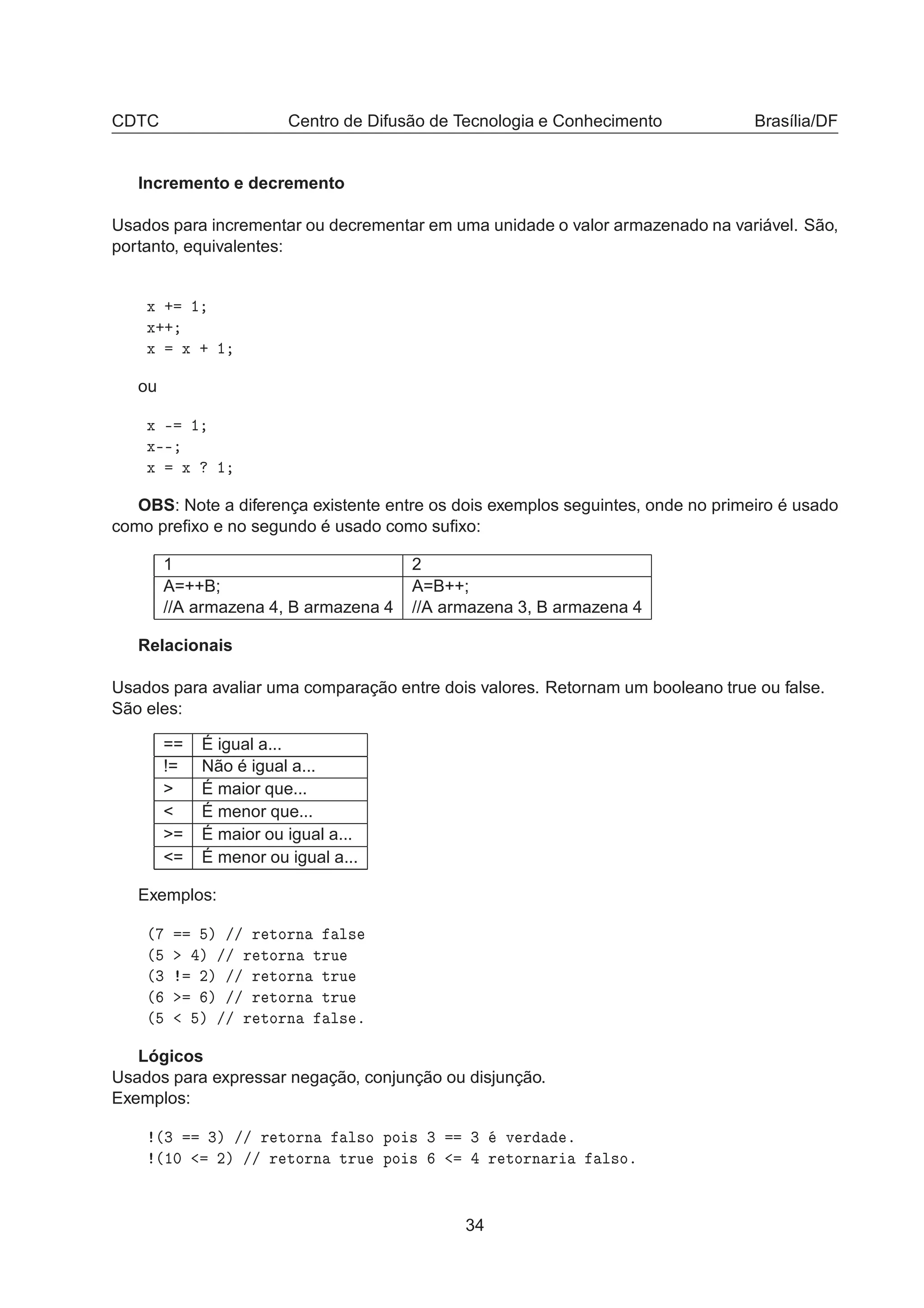 CDTC Centro de Difusão de Tecnologia e Conhecimento Brasília/DF
Incremento e decremento
Usados para incrementar ou decrementar em uma unidade o valor armazenado na variável. São,
portanto, equivalentes:
Ü · ½
Ü··
Ü Ü · ½
ou
Ü ¹ ½
Ü¹¹
Ü Ü ½
OBS: Note a diferença existente entre os dois exemplos seguintes, onde no primeiro é usado
como preﬁxo e no segundo é usado como suﬁxo:
1 2
A=++B; A=B++;
//A armazena 4, B armazena 4 //A armazena 3, B armazena 4
Relacionais
Usados para avaliar uma comparação entre dois valores. Retornam um booleano true ou false.
São eles:
== É igual a...
!= Não é igual a...
> É maior que...
< É menor que...
>= É maior ou igual a...
<= É menor ou igual a...
Exemplos:
´ µ »» Ö ØÓÖÒ Ð×
´ µ »» Ö ØÓÖÒ ØÖÙ
´¿ ¾µ »» Ö ØÓÖÒ ØÖÙ
´ µ »» Ö ØÓÖÒ ØÖÙ
´ µ »» Ö ØÓÖÒ Ð× º
Lógicos
Usados para expressar negação, conjunção ou disjunção.
Exemplos:
´¿ ¿µ »» Ö ØÓÖÒ Ð×Ó ÔÓ × ¿ ¿ Ú Ö º
´½¼ ¾µ »» Ö ØÓÖÒ ØÖÙ ÔÓ × Ö ØÓÖÒ Ö Ð×Óº
34
 