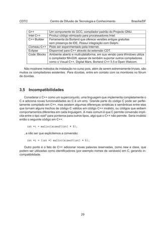 CDTC Centro de Difusão de Tecnologia e Conhecimento Brasília/DF
G++ Um componente do GCC, compilador padrão do Projecto GNU.
Intel C++ Produz código otimizado para processadores Intel.
C++ Builder Ferramenta da Borland que oferece versões antigas gratuitas
sem presença de IDE. Possui integração com Delphi.
Comeau C++ Pode ser experimentado pela Internet.
Eclipse Disponível para C++ através da extensão CDT.
Code::Blocks Ambiente aberto e multi-plataforma, em sua versão para Windows utiliza
o compilador MinGW, apesar de também suportar outros compiladores
como o Visual C++, Digital Mars, Borland C++ 5.5 e Open Watcom.
Não mostrarei métodos de instalação no curso pois, além de serem extremamente triviais, são
muitos os compiladores existentes. Para dúvidas, entre em contato com os monitores no fórum
de dúvidas.
3.5 Incompatibilidades
Considerar o C++ como um superconjunto, uma linguagem que implementa completamente o
C e adiciona novas funcionalidades ao C é um erro. Grande parte do código C pode ser perfei-
tamente compilado em C++, mas existem algumas diferenças sintáticas e semânticas entre elas
que tornam alguns trechos de código C válidos em código C++ inválido, ou códigos que exibem
comportamentos diferentes em cada linguagem. A mais comum é que C permite conversão implí-
cita entre o tipo void* para ponteiros para outros tipos, algo que o C++ não permite. Seria inválido
então o seguinte código em C++:
ÒØ ¶ Ñ ÐÐÓ
´× Þ Ó ´ ÒØµ ¶ µ
, a não ser que explicitemos a conversão:
ÒØ ¶ ´ ÒØ ¶µ Ñ ÐÐÓ
´× Þ Ó ´ ÒØµ ¶ µ
Outro ponto é o fato do C++ adicionar novas palavras reservadas, como new e class, que
podem ser utilizadas como identiﬁcadores (por exemplo nomes de variáveis) em C, gerando in-
compatibilidade.
29
 