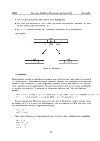 CDTC Centro de Difusão de Tecnologia e Conhecimento Brasília/DF
• var1 = 40, pois assumimos este valor no início do programa.
• var2 = 40, pois atribuímos ao var2 o valor que estava na variável var1 (variável cujo valor
era 40 e endereço de memória era 1234)
• var3 = 1234, pois atribuímos a var3 o endereço de memória em que estava var1.
Veja a ﬁgura:
Figura 9.1: Ponteiros
Os Ponteiros
Chamamos de ponteiro a variável que armazena uma referência para outra variável, como var3
no último exemplo. Abstraindo novamente, ponteiros são ditos apontando para a variável cuja
referência eles armazenam. Ao usar um ponteiro, podemos acessar diretamente o valor armaze-
nado na variável para a qual ele aponta. Para fazer isto, simplesmente precedemos o identiﬁcador
do ponteiro pelo asterisco (*), que pode ser literalmente traduzido para "valor apontado por".
Exemplo:
Ú Ö ¶Ú Ö¿ »»Ú Ö Ù Ð Ó Ú ÐÓÖ ÔÓÒØ Ó ÔÓÖ Ú Ö¿º ÓÑÓ Ú Ö¿ ÖÑ Þ Ò Ó Ò Ö Ó ½¾
»»ººº Ó Ú ÐÓÖ 
ÓÒØ Ó ÒÓ Ò Ö Ó ½¾¿ ¼¸ Ú Ö Ö 
 Ö ¼º
Devemos claramente diferenciar que a expressão var3 é diferente de *var3, a primeira repre-
sentando o valor 1234 e a segunda se referindo ao valor armazenado em 1234, que é 40. Note
que anteriormente ﬁzemos as seguintes atribuições:
Ú Ö½ ¼
Ú Ö¿ ²Ú Ö½
Após estas atribuições, as seguintes sentenças retornariam true (verdadeiro) se executadas:
Ú Ö½ ¼
²Ú Ö½ ½¾¿
Ú Ö¿ ½¾¿
¶Ú Ö¿ ¼
68
 