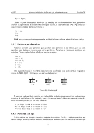 CDTC Centro de Difusão de Tecnologia e Conhecimento Brasília/DF
¶Ô·· ¶Õ··
, como (++) tem precedência maior que (*), ambos p e q são incrementados mas, por ambos
usarem os operadores de incremento como pós-ﬁxados, o valor atribuído a *p é *q antes que
sejam incrementados. Seria equivalente a
¶Ô ¶Õ
··Ô
··Õ
OBS: sempre use parênteses para evitar ambigüidades e melhorar a legibilidade do código.
9.1.2 Ponteiros para Ponteiros
Podemos também usar ponteiros que apontam para ponteiros e, os últimos, por sua vez,
apontam para dados ou mesmo para outros ponteiros. Para isto, é necessário adicionar um
asterisco (*) para cada nível de referência nas declarações.

 Ö

 Ö ¶

 Ö ¶¶ 
³Þ³
²

 ²
Isto, supondo locais de memória aleatoriamente escolhidos para cada variável respectiva-
mente de 7230, 8092, 10502, pode ser representado como:
Figura 9.2: Ponteiros 2
O valor de cada variável é escrito em cada célula, e abaixo seus respectivos endereços de
memória. A novidade aqui é a variável c, que pode ser usada em 3 diferentes níveis de indireção,
cada um correspondendo a um valor diferente.

 Ø Ñ Ø ÔÓ 
 Ö¶¶ ÙÑ Ú ÐÓÖ ¼ ¾
¶
 Ø Ñ Ø ÔÓ 
 Ö¶ ÙÑ Ú ÐÓÖ ¾¿¼
¶¶
 Ø Ñ Ø ÔÓ 
 Ö ÙÑ Ú ÐÓÖ ³Þ³
9.1.3 Ponteiros sem tipo
O tipo void de um ponteiro é um tipo especial de ponteiro. Em C++, void representa a au-
sência de tipo, então ponteiros void são ponteiros que apontam para um valor que não tem tipo
72
 