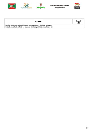 21
XADREZ
Local de competição: Salão da Paroquial Santo Agostinho – Distrito de Rio Maina
Inicio da modalidade definido no congresso técnico específico da modalidade – 1R
 