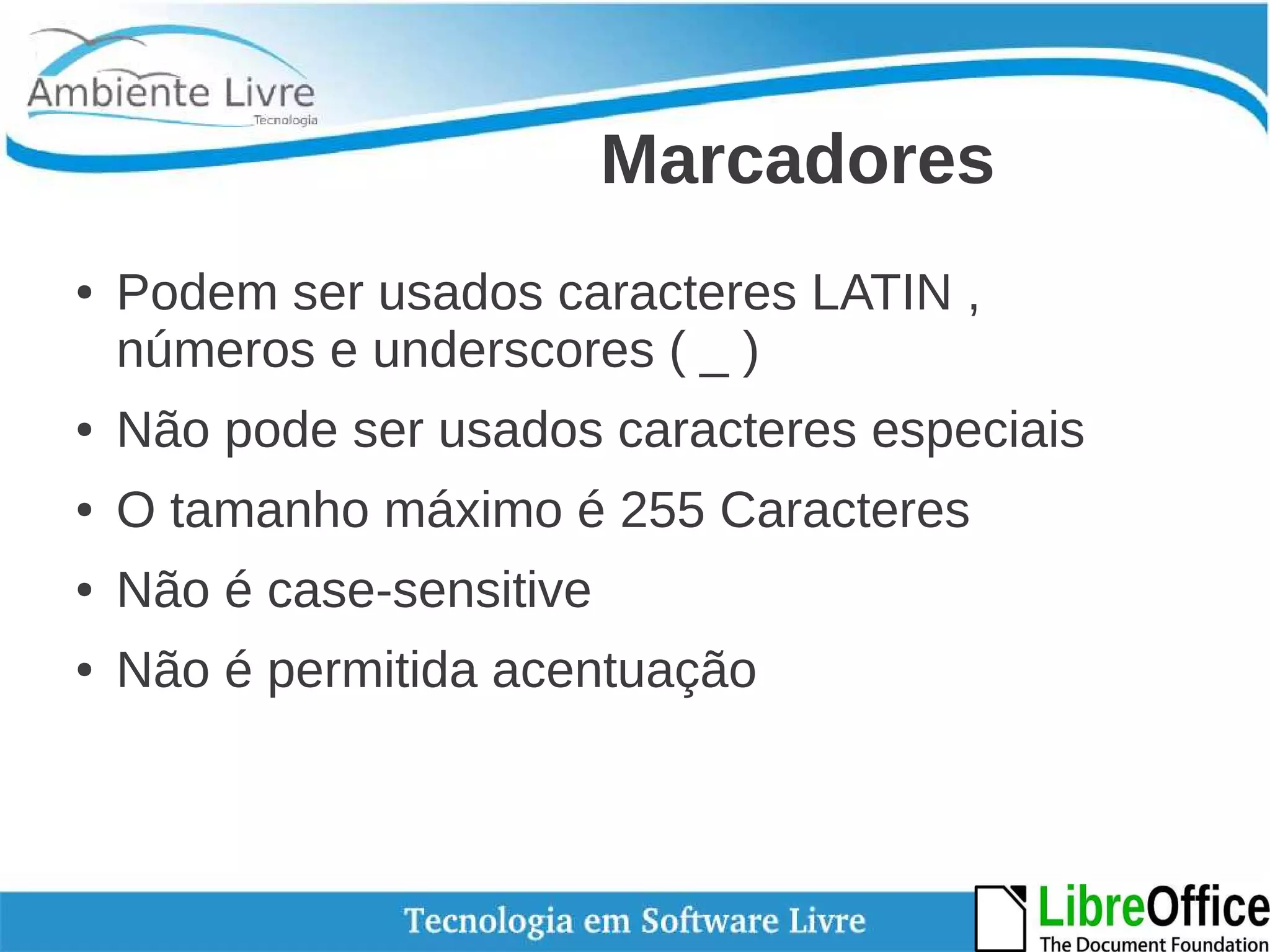 Marcadores 
● Podem ser usados caracteres LATIN , 
números e underscores ( _ ) 
● Não pode ser usados caracteres especiais 
● O tamanho máximo é 255 Caracteres 
● Não é case-sensitive 
● Não é permitida acentuação 
 