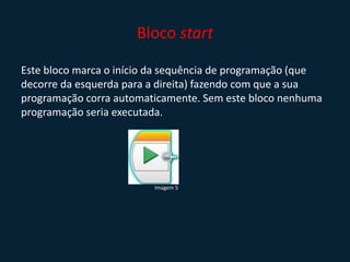 Bloco start
Este bloco marca o início da sequência de programação (que
decorre da esquerda para a direita) fazendo com que a sua
programação corra automaticamente. Sem este bloco nenhuma
programação seria executada.
Imagem 5
 