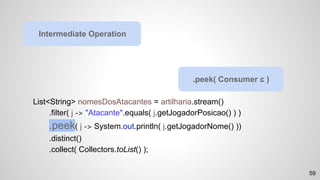 List<String> nomesDosAtacantes = artilharia.stream()
.filter( j -> "Atacante".equals( j.getJogadorPosicao() ) )
.peek( j -> System.out.println( j.getJogadorNome() ))
.distinct()
.collect( Collectors.toList() );
Intermediate Operation
.peek( Consumer c )
59
 
