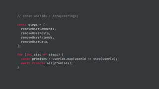 // const userIds : Array<string>;
const steps = [
removeUserComments,
removeUserPosts,
removeUserFriends,
removeUserData,
];
for (let step of steps) {
const promises = userIds.map(userId => step(userId);
await Promise.all(promises);
}
 